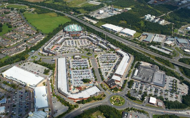 Retail park, aerial photo, outdoors